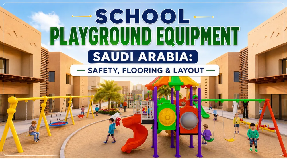 School playground equipment in Saudi Arabia with swings, slides, climbing structures, safety flooring, and a spacious school layout.