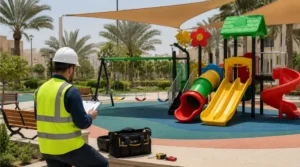 Technician completing a digital playground maintenance report beside outdoor play equipment in a landscaped Saudi park