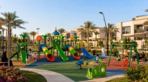 Completed green playground with slides, swings, climbing activities, shaded seating, rubber flooring, landscaping, and modern Saudi villas.