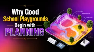 3D school playground layout showing activity zones, pathways, safety areas, and equipment placement planning.
