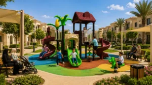 Toddlers and older children using green slides, swings, climbing equipment, and separate activity zones in a Saudi compound playground.