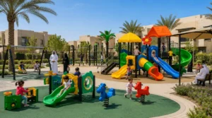 Green multi-play structure, swings, slides, climbing equipment, spring riders, and seesaws in a spacious Saudi residential playground.