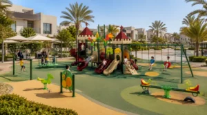 Green multi-play structure, swings, spring riders, seesaw, shaded seating, and open pathways in a medium Saudi residential compound.