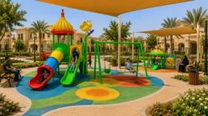 Parents supervising children from shaded benches with clear views of green playground equipment, pathways, and play zones.