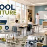 Saudi classroom with modern school desks, chairs, students and a teacher