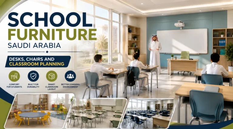 Saudi classroom with modern school desks, chairs, students and a teacher
