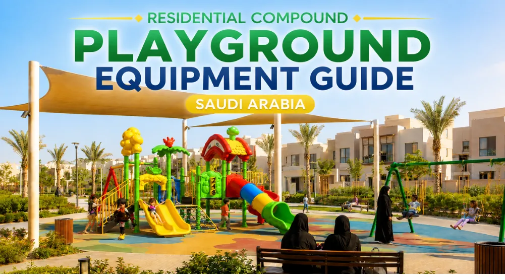 Green playground equipment with slides, swings, shade, seating, and families inside a modern Saudi residential compound.