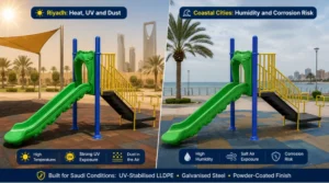 Outdoor playground slide exposed to Riyadh heat and dust compared with coastal humidity and corrosion risk