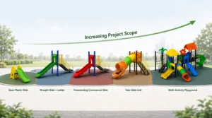 Playground slide project scope progressing from a basic plastic slide to an integrated multi-activity playground