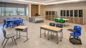 School furniture showroom with student desks, nursery tables, writing chairs and storage cabinets