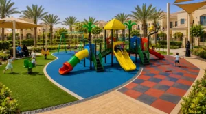 Green playground equipment installed over rubber tiles, poured EPDM, and artificial grass in a Saudi residential compound.