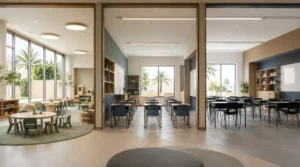Nursery, primary and secondary classrooms with different desk and chair sizes