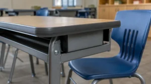 Close-up of a school desk with steel frame, laminated top, rounded edging and plastic chair