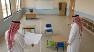 Saudi school consultant and contractor measuring a classroom and reviewing a furniture floor plan