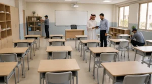 Workers making final adjustments to desks and chairs in a completed Saudi classroom