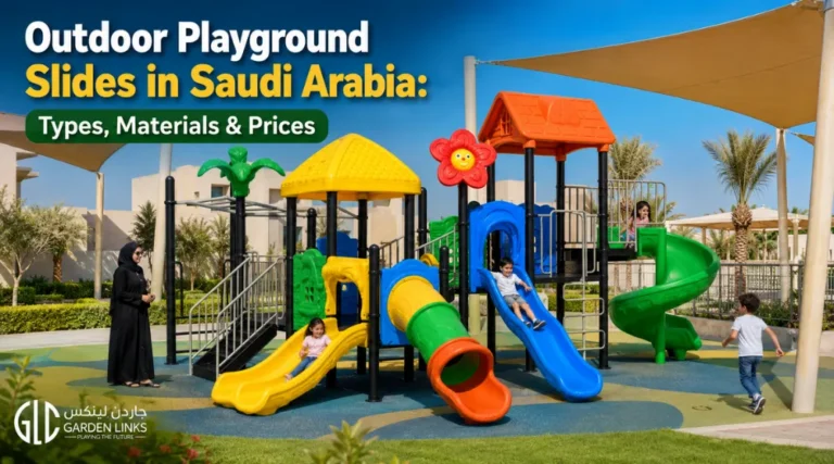Outdoor playground slides in Saudi Arabia with straight, double, spiral and tube slides in a landscaped play area