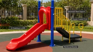 Commercial slide showing UV-stabilised LLDPE, galvanised-steel posts, powder-coated handrails and reinforced brackets