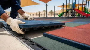 Worker installing interlocking playground rubber tiles over a prepared base in a Saudi outdoor playground