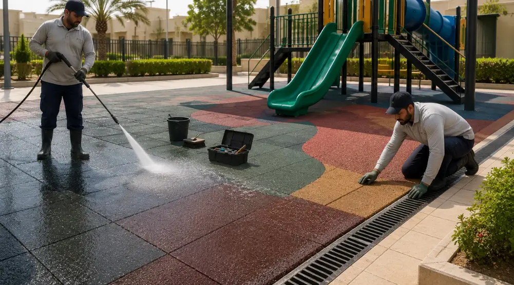 Facility workers cleaning rubber playground flooring and inspecting joints, edges, and drains in a Saudi playground