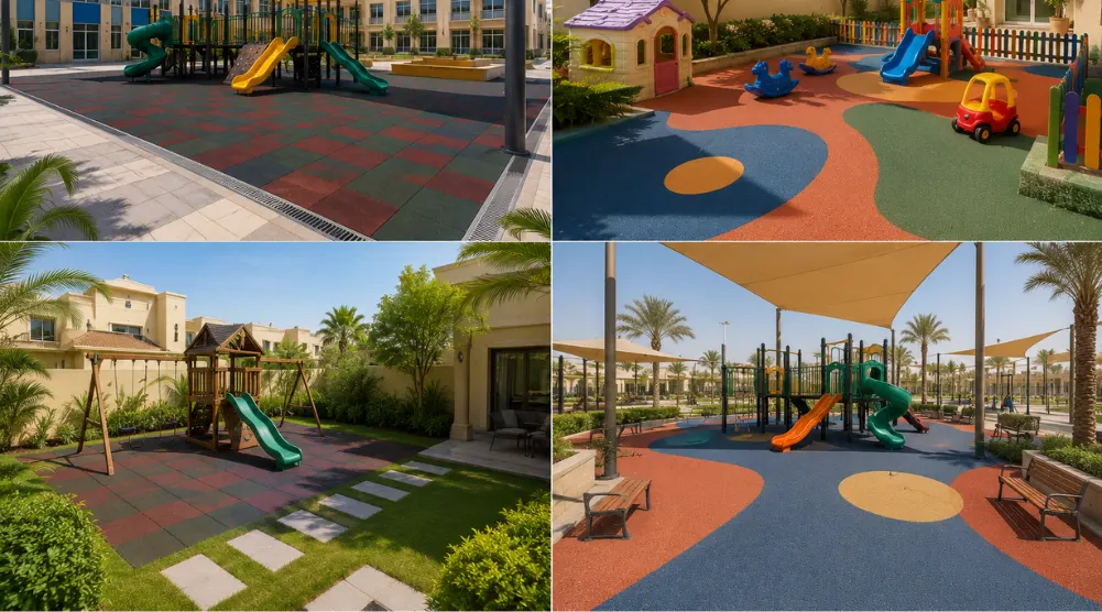 Playground rubber flooring used in a Saudi school, nursery, villa garden, and public playground