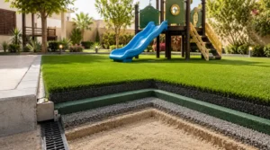 Cutaway of artificial grass playground flooring with a shock pad, prepared base, drainage, and secure edge fixing