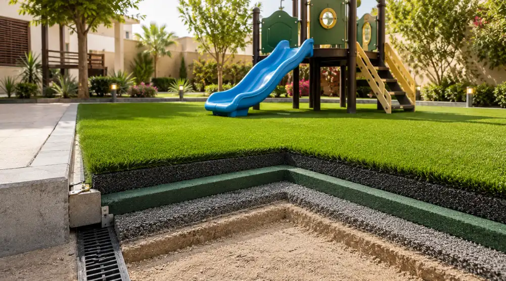 Cutaway of artificial grass playground flooring with a shock pad, prepared base, drainage, and secure edge fixing