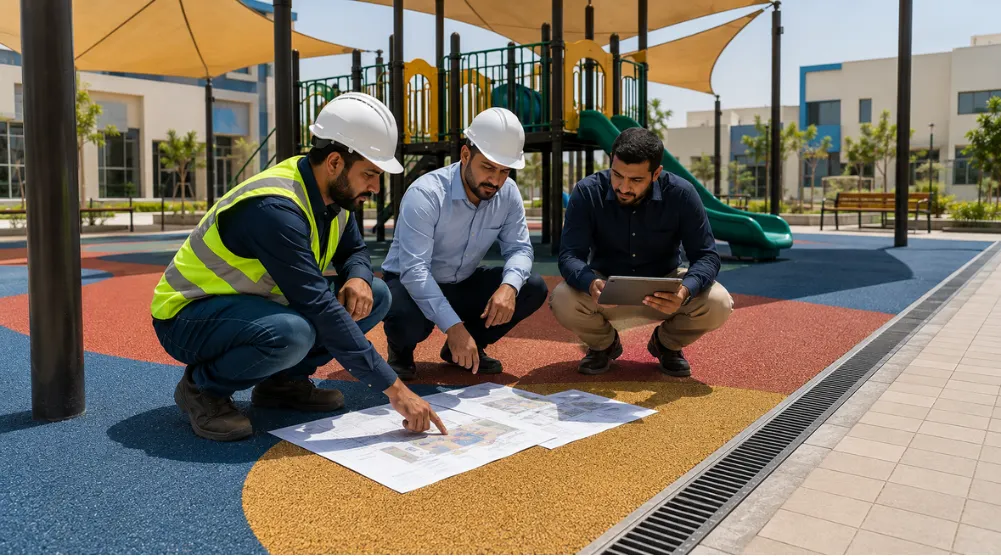 Consultant, contractor, and facility representative inspecting completed rubber playground flooring in Saudi Arabia