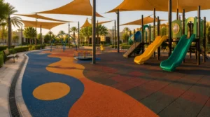 Completed Saudi playground with poured EPDM, rubber safety tiles, shade sails, drainage, and modern play equipment