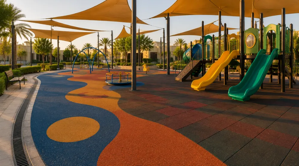 Completed Saudi playground with poured EPDM, rubber safety tiles, shade sails, drainage, and modern play equipment