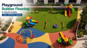 Playground rubber flooring in Saudi Arabia with EPDM, rubber tiles, artificial grass, slides, swings, and climbing equipment