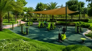 Well-planned outdoor fitness zone in a Saudi public park with shade structure, rubber flooring, and open walking space