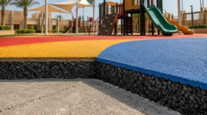 Cutaway view of poured EPDM playground flooring with a coloured wear layer, black rubber base layer, and prepared substrate