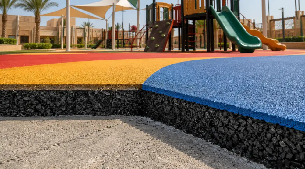 Cutaway view of poured EPDM playground flooring with a coloured wear layer, black rubber base layer, and prepared substrate