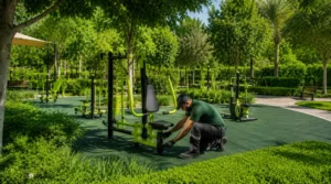 Technician inspecting outdoor fitness equipment in a Saudi public park with greenery, rubber flooring, and clean surroundings