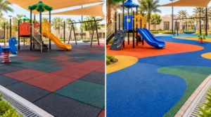 Comparison of playground rubber tiles with visible joints and seamless poured EPDM flooring in a Saudi playground