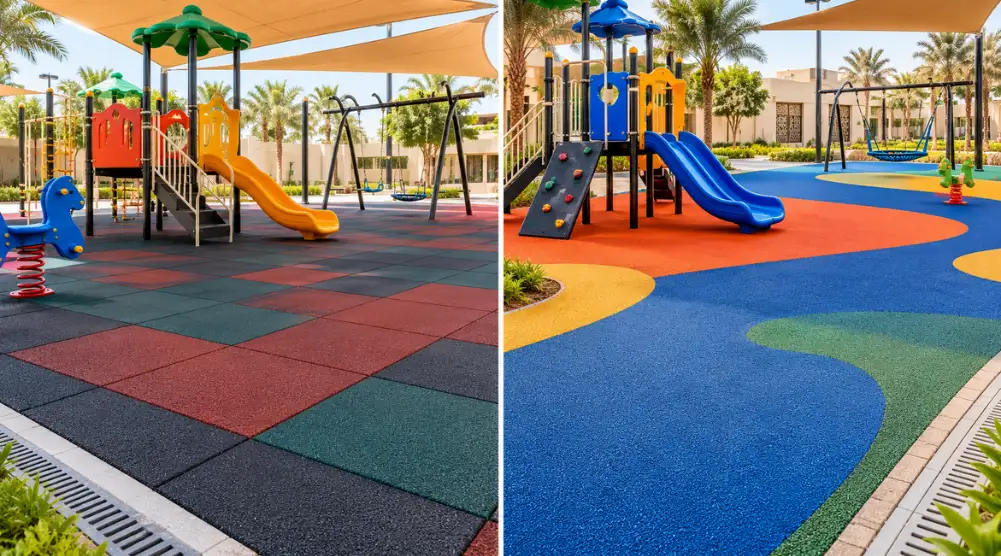 Comparison of playground rubber tiles with visible joints and seamless poured EPDM flooring in a Saudi playground