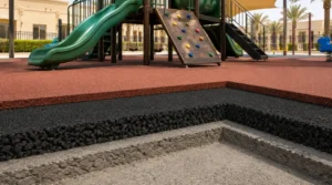 Elevated playground equipment above thick impact-absorbing rubber flooring with a visible shock-absorbing base layer