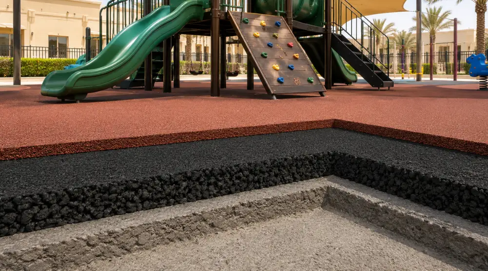 Elevated playground equipment above thick impact-absorbing rubber flooring with a visible shock-absorbing base layer