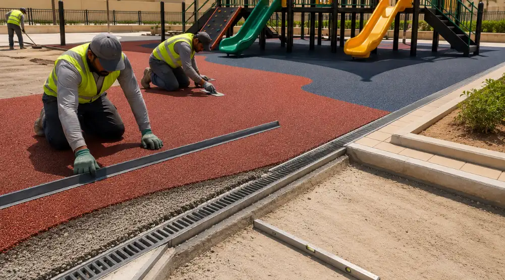 Workers preparing a level playground base and installing rubber flooring beside a drainage channel in Saudi Arabia
