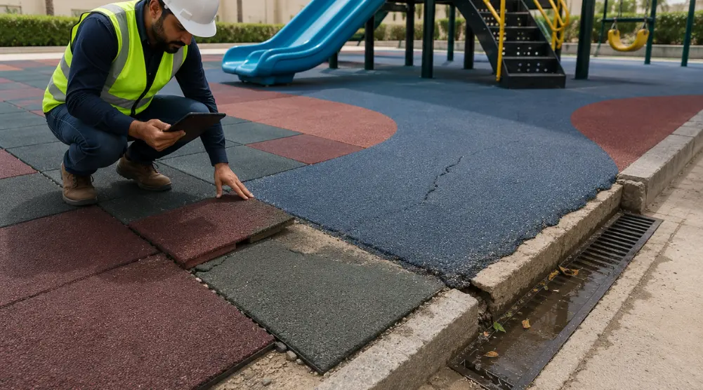 Inspector checking lifting rubber tiles, open joints, EPDM cracks, poor edges, and blocked drainage in a playground