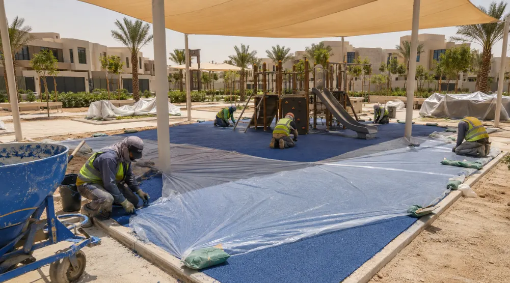 Workers protecting freshly installed EPDM playground flooring from heat and dust during installation in Riyadh
