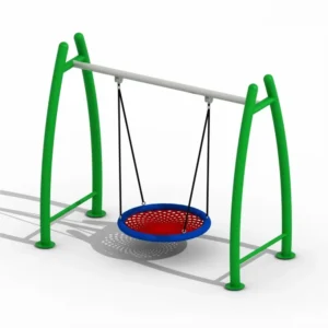 Outdoor Playground Nest Swing with Heavy-Duty Steel Frame Outdoor playground nest basket swing with red steel frame, blue circular rope seat, and durable suspension ropes for children.