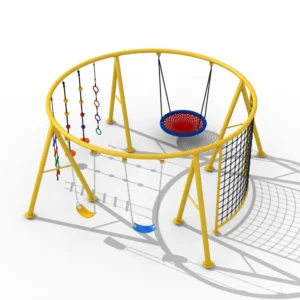 Circular Multi-Activity Playground with Swings and Climbing Net Circular outdoor playground equipment with swings, nest swing, climbing ropes, hanging rings, and rope climbing net for kids.