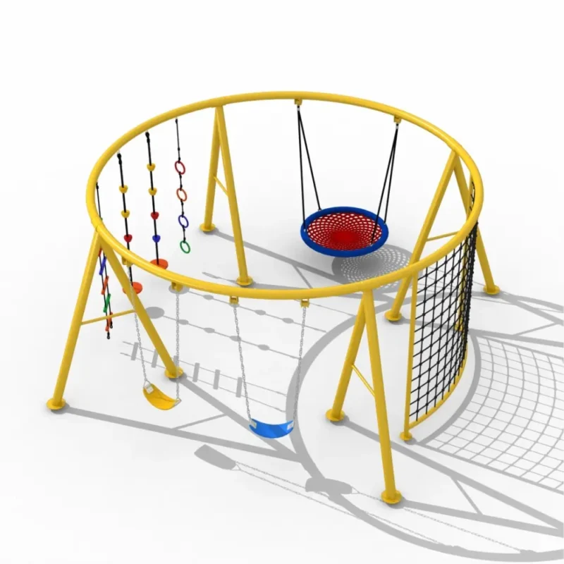 Circular Multi-Activity Playground with Swings and Climbing Net Circular outdoor playground equipment with swings, nest swing, climbing ropes, hanging rings, and rope climbing net for kids.