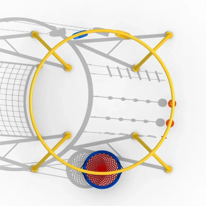 Circular Multi-Activity Playground with Swings and Climbing Net Circular outdoor playground equipment with swings, nest swing, climbing ropes, hanging rings, and rope climbing net for kids.