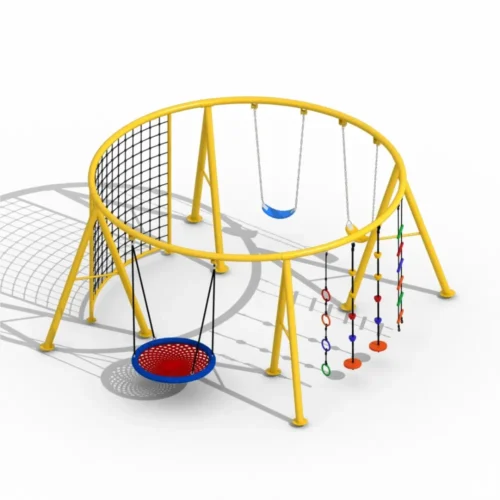 Circular outdoor playground equipment with swings, nest swing, climbing ropes, hanging rings, and rope climbing net for kids.