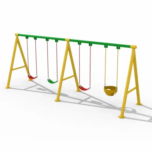 4 seater outdoor playground swing set with three belt swings and one toddler bucket swing on a heavy-duty steel frame for parks, schools, and gardens.