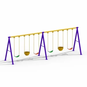 Commercial playground swing set with belt swings and toddler bucket swings on a heavy-duty steel frame for parks and schools.