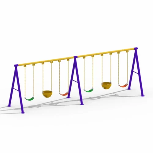 Commercial playground swing set with belt swings and toddler bucket swings on a heavy-duty steel frame for parks and schools.