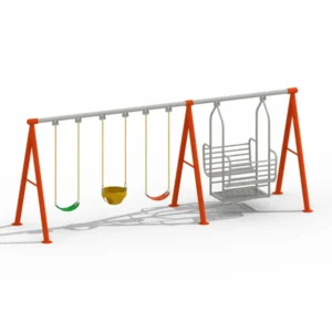 Commercial Inclusive Playground Swing Set with Family Bench Swing Commercial inclusive playground swing set with a family bench swing, toddler bucket swing, and belt swing on a heavy-duty steel frame for parks and schools.
